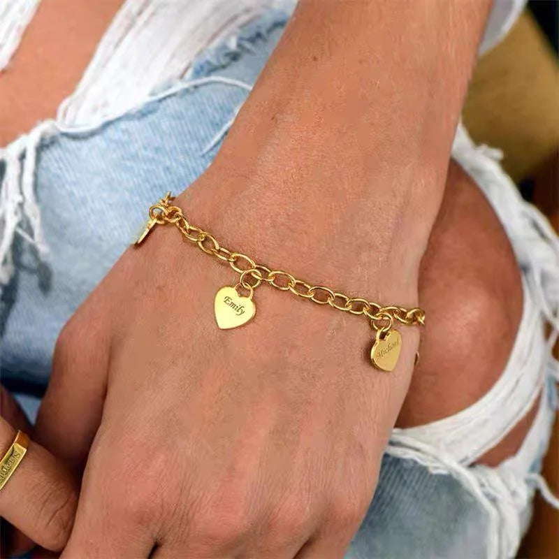 Custom Name Heart Coin Charm Bracelet for Women Stainless Steel Gold Color Cuban Link Chain Family Tree Bracelet Jewelry Gift