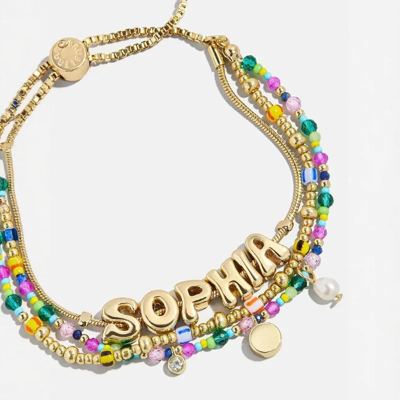 Custom Bubble Letter Slider Bracelet-Personalized Balloon Zirconia Stacking Adjustable Bracelet Jewelry Christmas Gift For Women