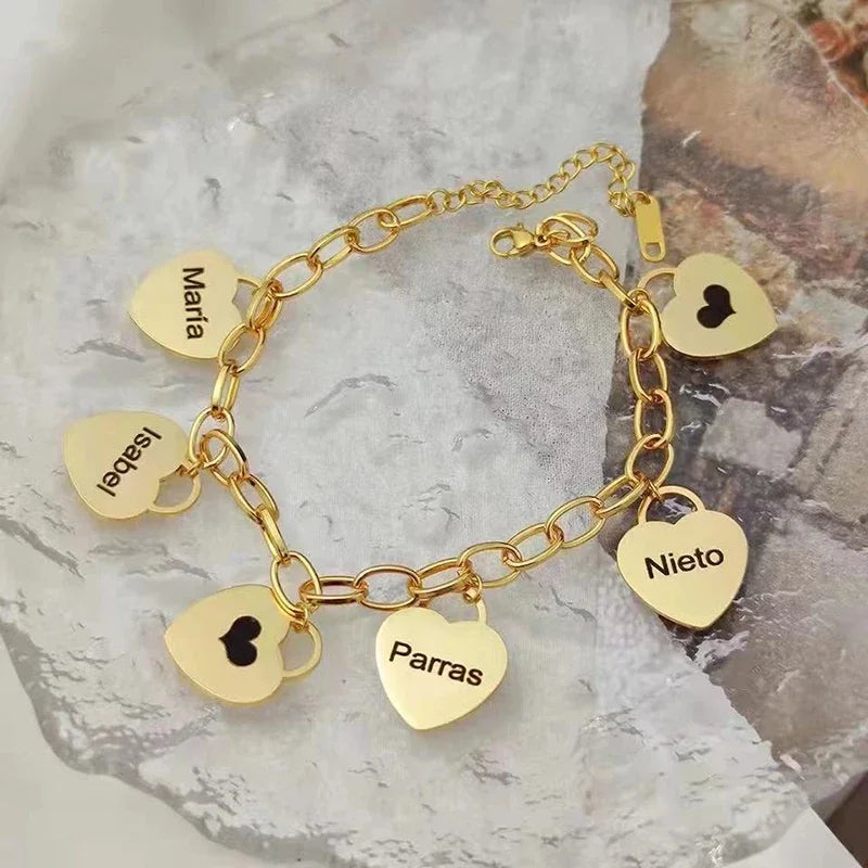 Custom Name Heart Coin Charm Bracelet for Women Stainless Steel Gold Color Cuban Link Chain Family Tree Bracelet Jewelry Gift